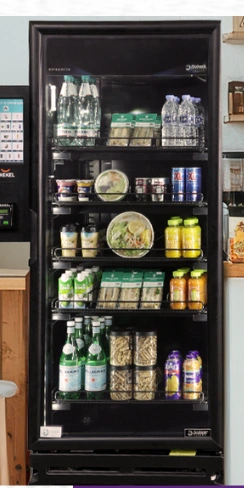 Glass-front smart fridge for drinks and snacks