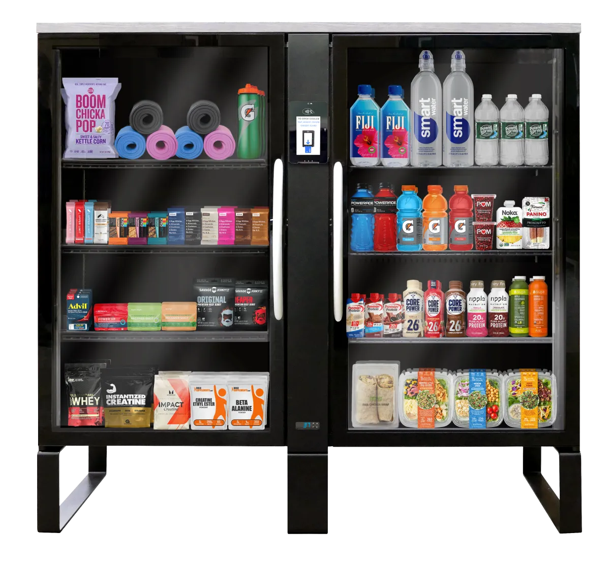 Smart cooler with stocked beverages and snacks